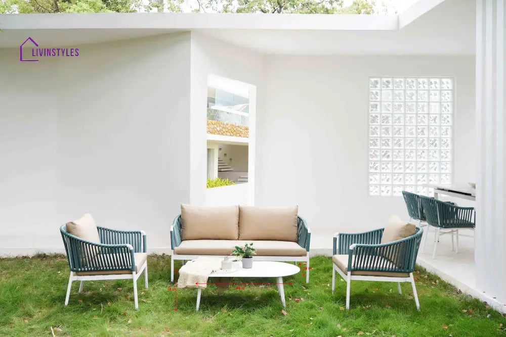 Furnixa Outdoor Garden Balcony Sofa Set 2 Seater 2 Single seater and 1 Center Table Set Braid & Rope (White + Blue)