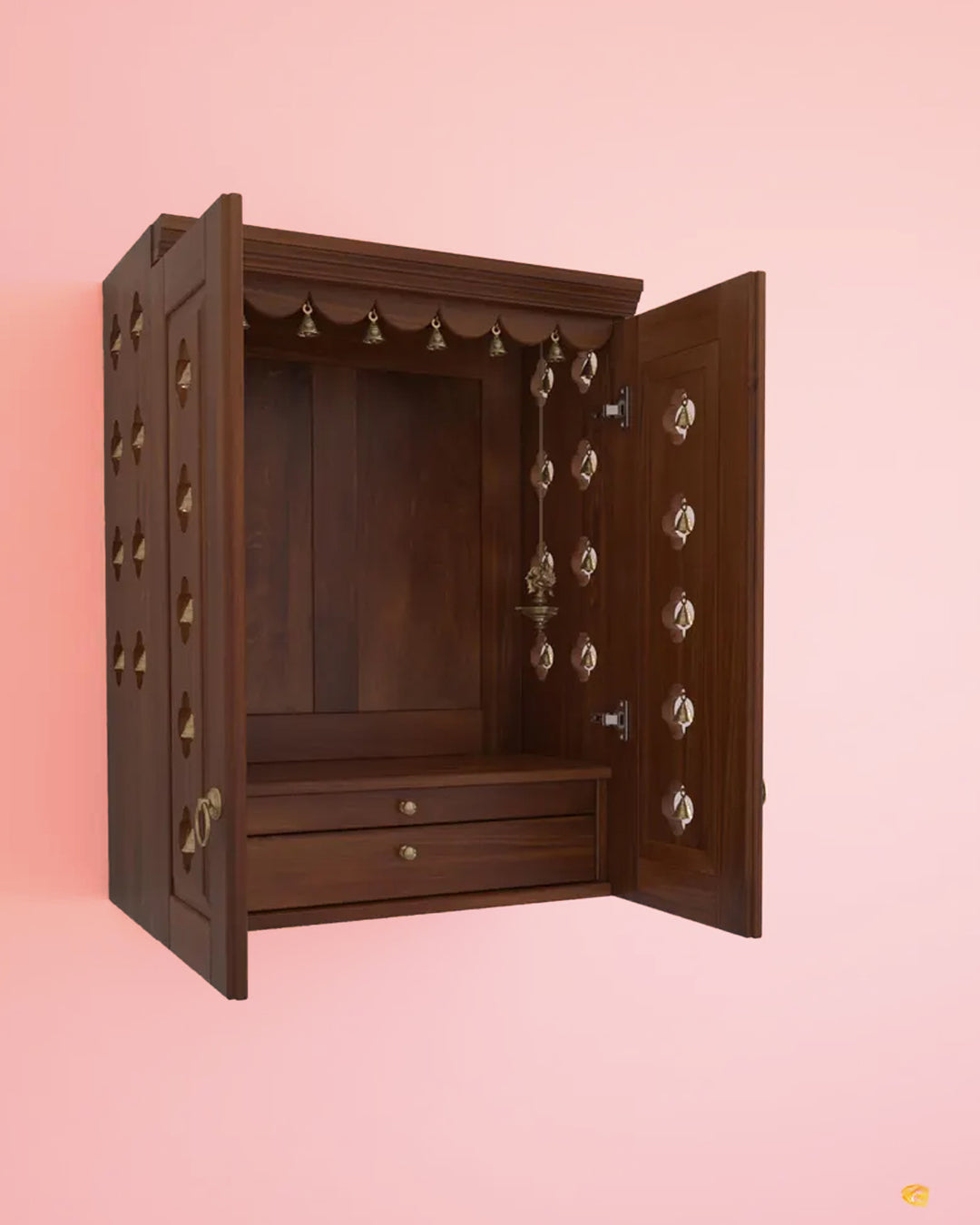 Elena - Traditional Pooja Mandir for Home with Doors, Brass Bells & Lamps | Handcrafted Wooden Home Temple