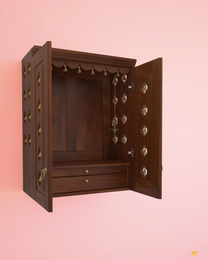 Elena - Traditional Pooja Mandir for Home with Doors, Brass Bells & Lamps | Handcrafted Wooden Home Temple
