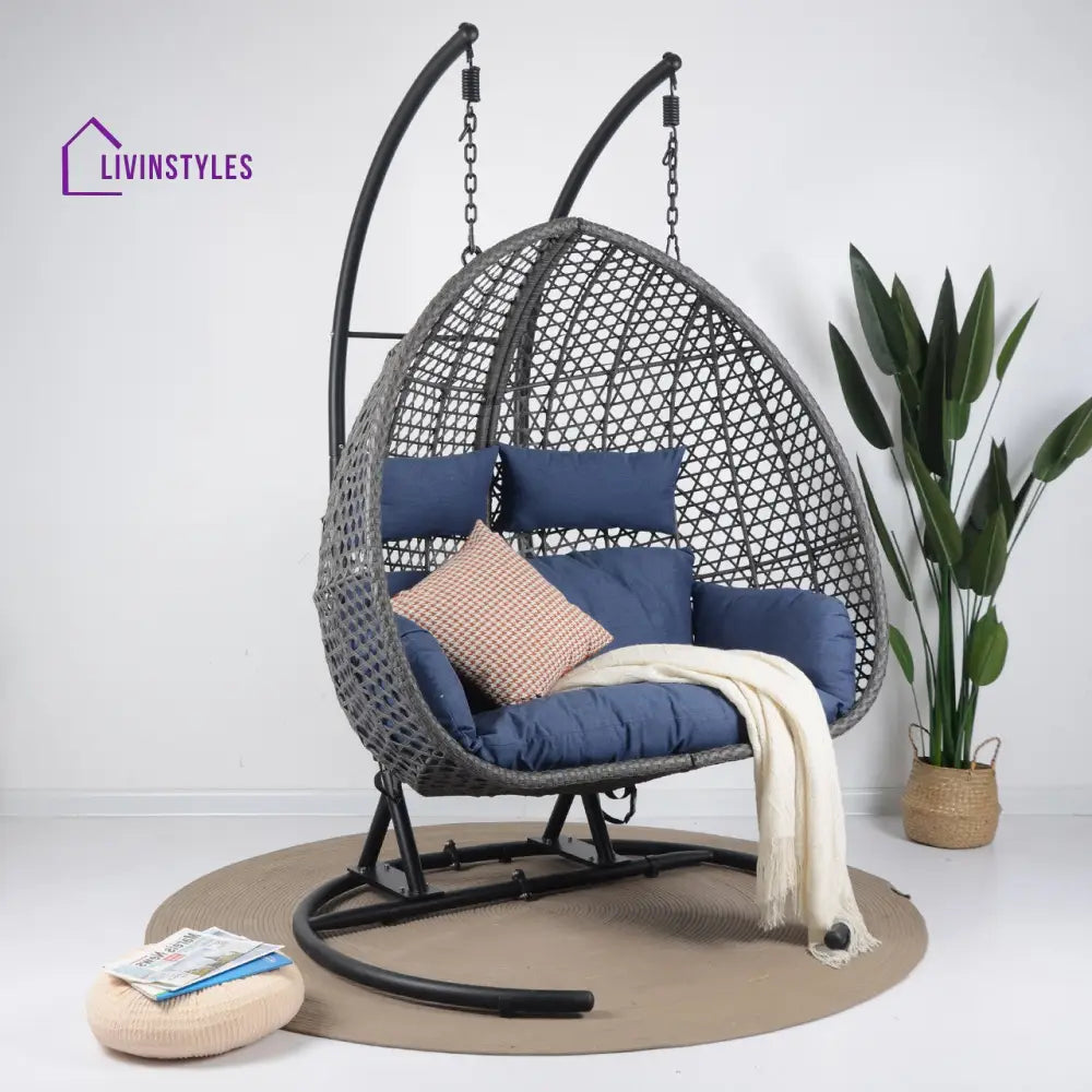 Gabal Double Seater Hanging Swing With Stand For Balcony Garden Swing (Grey) - Blue - Swings