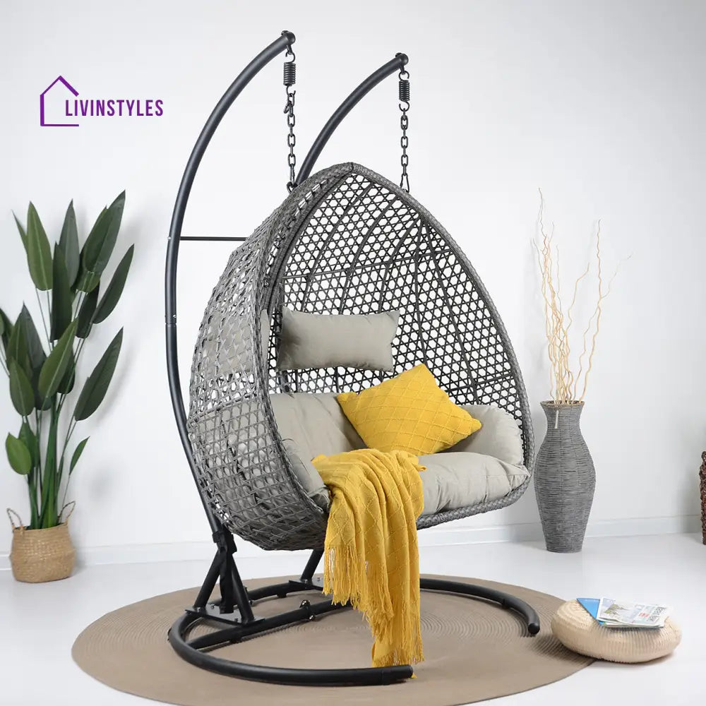 Gabal Double Seater Hanging Swing With Stand For Balcony Garden Swing (Grey) - Grey - Swings