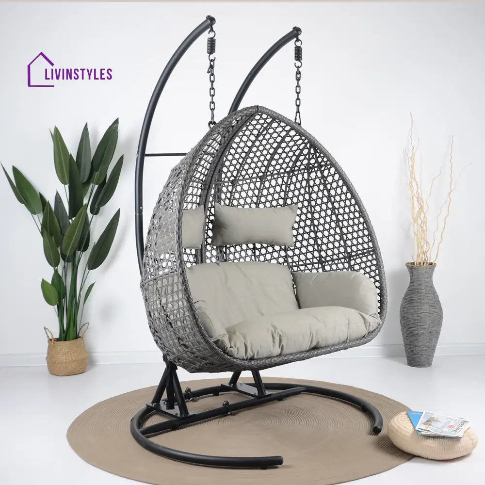 Gabal Double Seater Hanging Swing With Stand For Balcony Garden Swing (Grey) - Swings