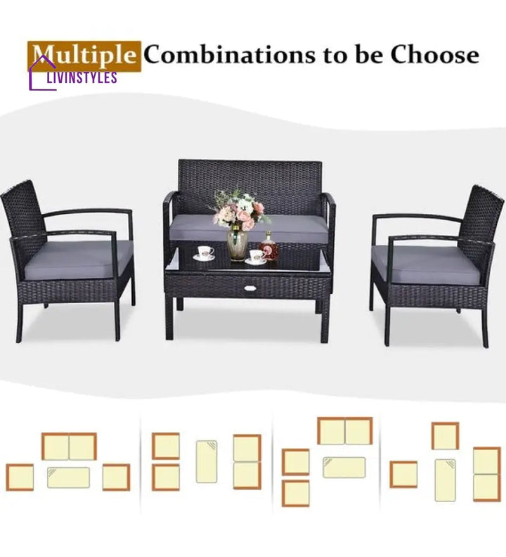 Gaetano Outdoor Sofa Set 2 Seater 2 Single seater and 1 Center Table (Black) - Sofa Sets