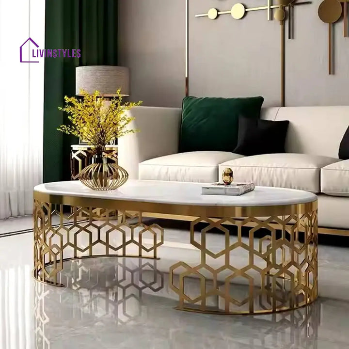 Galina Luxurious Oval Shape White Marble On Top Centre Table