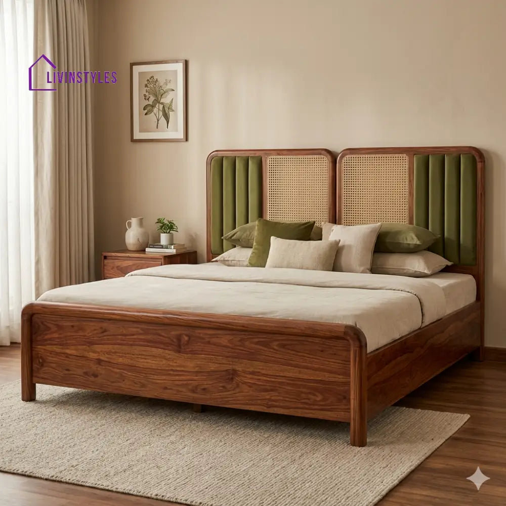 Galina Premium Sheesham Wood Bed with Velvet Headboard