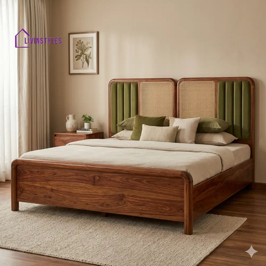 Galina Premium Sheesham Wood Bed with Velvet Headboard