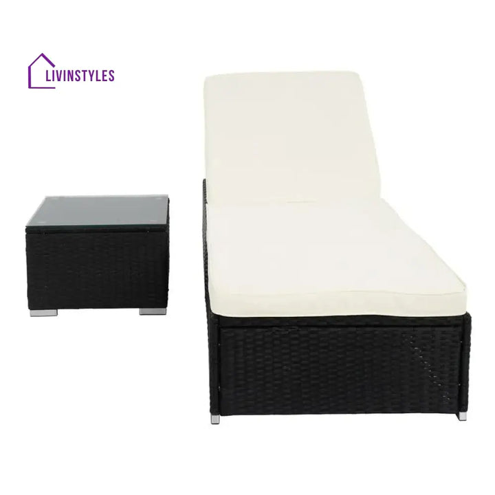 Gaston Outdoor Swimming Poolside Lounger With 1 Side Table (Black + White) - Loungers