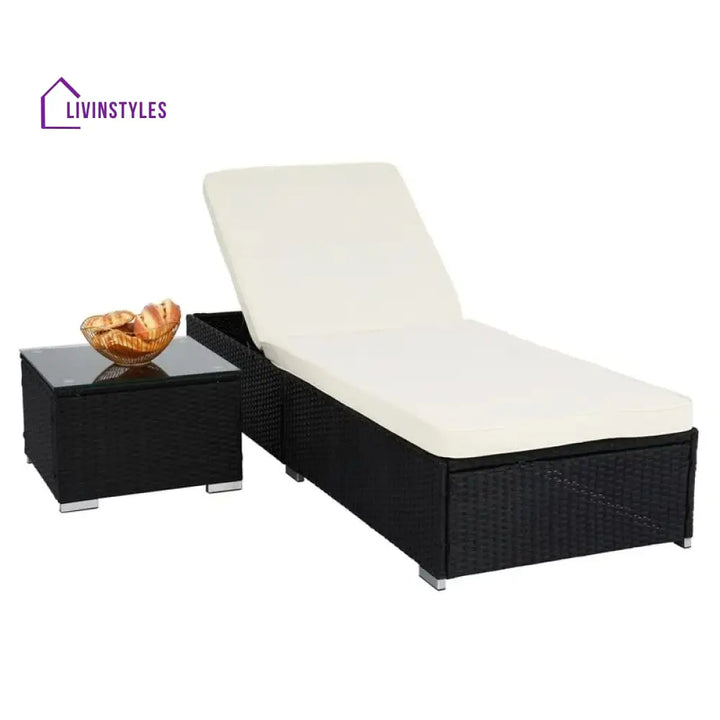 Gaston Outdoor Swimming Poolside Lounger With 1 Side Table (Black + White) - Loungers