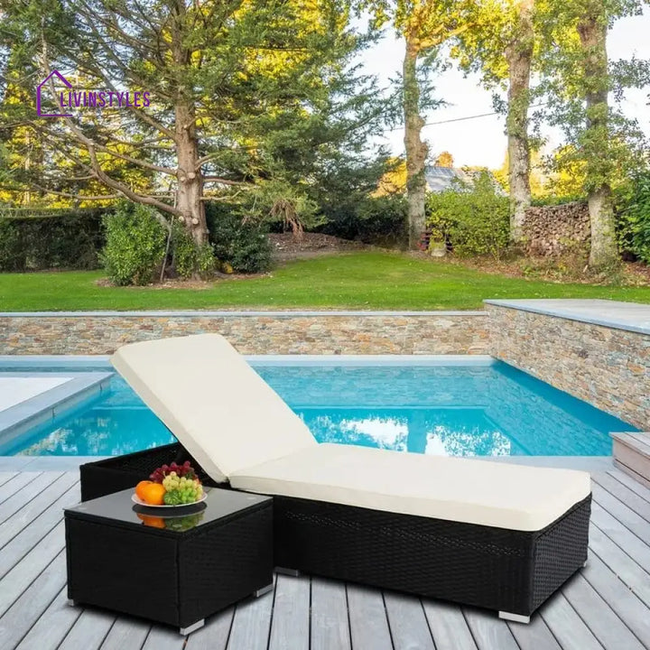 Gaston Outdoor Swimming Poolside Lounger With 1 Side Table (Black + White) - Loungers