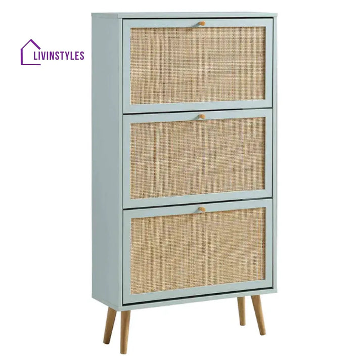Gatik Solid Wood Rattan Mint Finish 3 Tier Shoe Cabinet