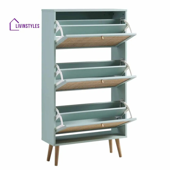 Gatik Solid Wood Rattan Mint Finish 3 Tier Shoe Cabinet