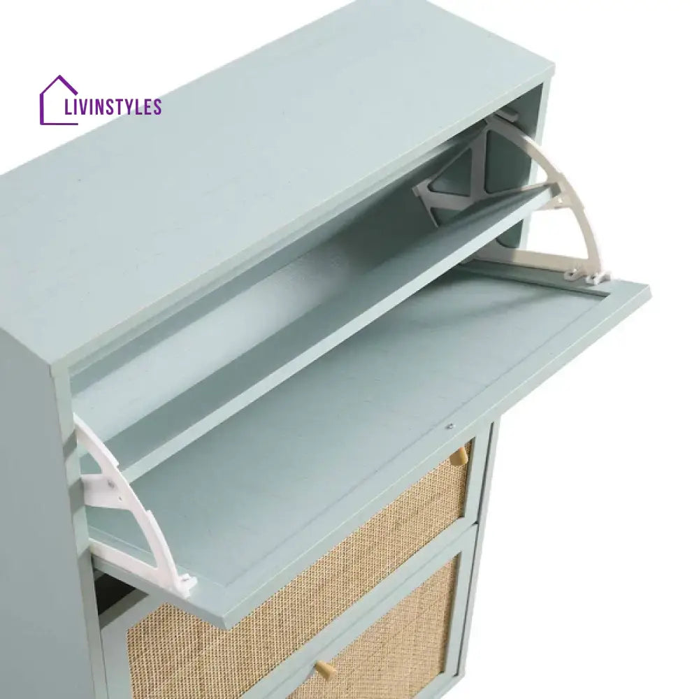Gatik Solid Wood Rattan Mint Finish 3 Tier Shoe Cabinet