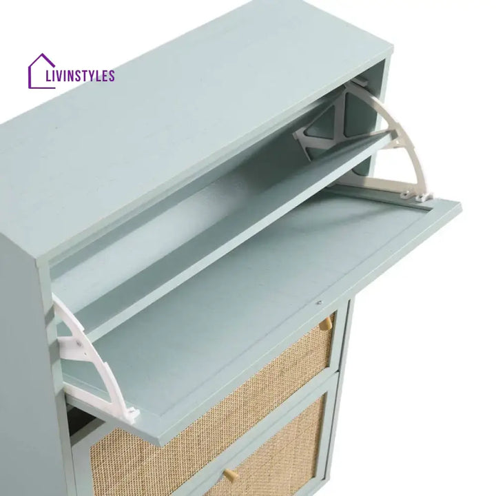 Gatik Solid Wood Rattan Mint Finish 3 Tier Shoe Cabinet