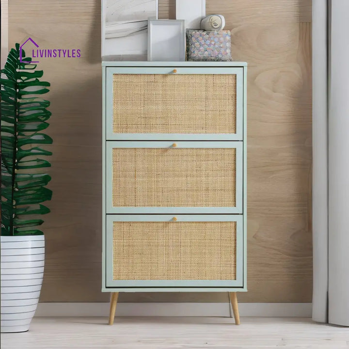 Gatik Solid Wood Rattan Mint Finish 3 Tier Shoe Cabinet