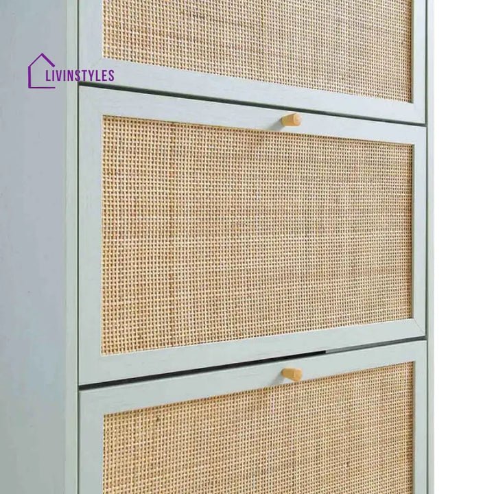 Gatik Solid Wood Rattan Mint Finish 3 Tier Shoe Cabinet
