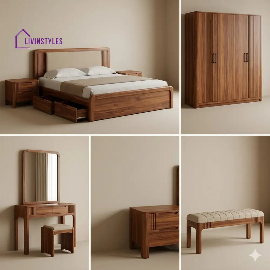 Gaurav Solid Sheesham Wood Bedroom Set with Bed Bedside Tables Bench Wardrobe & Dresser