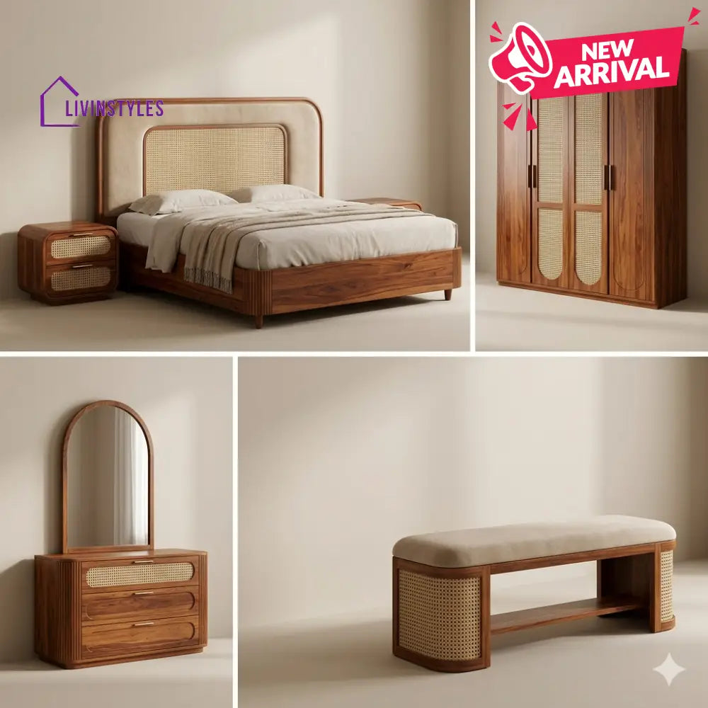 Gaurav Solid Sheesham Wood Bedroom Set with Bed Bedside Tables Bench Wardrobe & Dresser