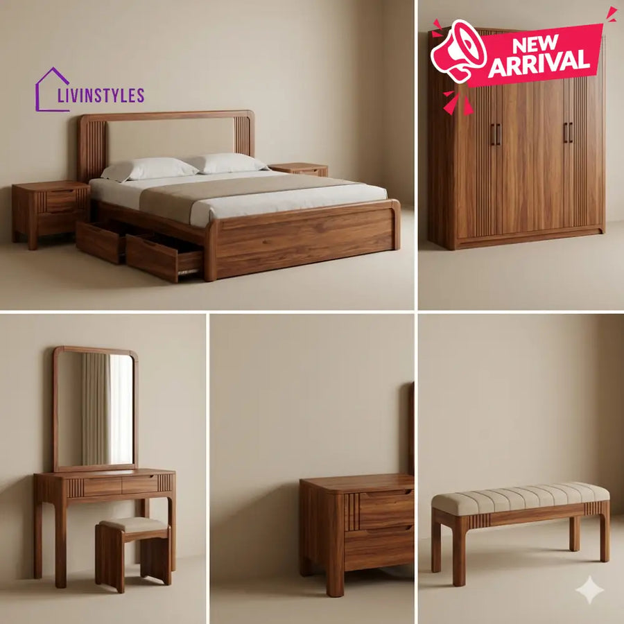 Gaurav Solid Sheesham Wood Bedroom Set with Bed Bedside Tables Bench Wardrobe & Dresser