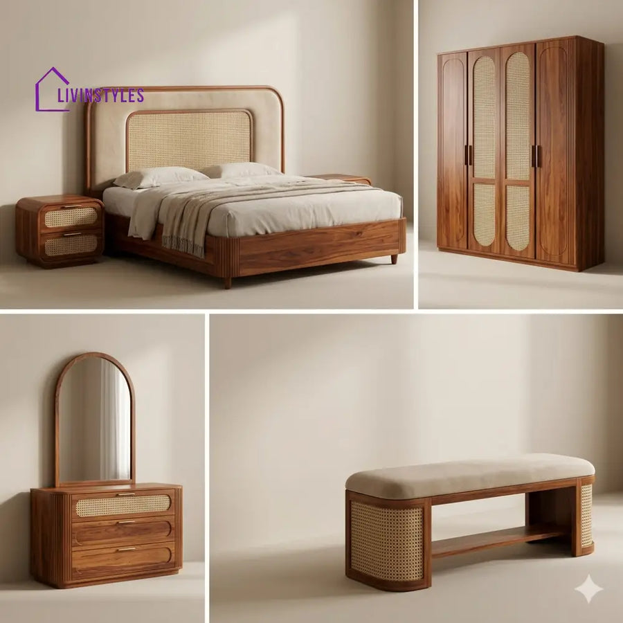 Gaurav Solid Sheesham Wood Bedroom Set with Bed Bedside Tables Bench Wardrobe & Dresser