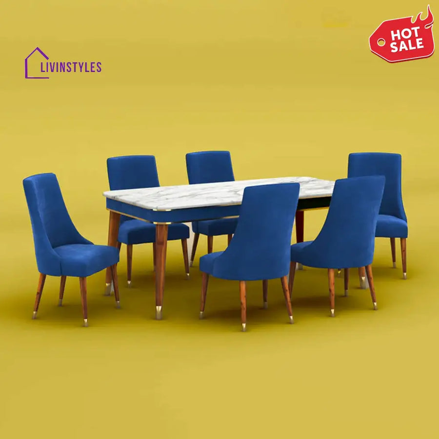 Gautam Marble Top 6 Seater Dining Set (Velvet Royal Blue)