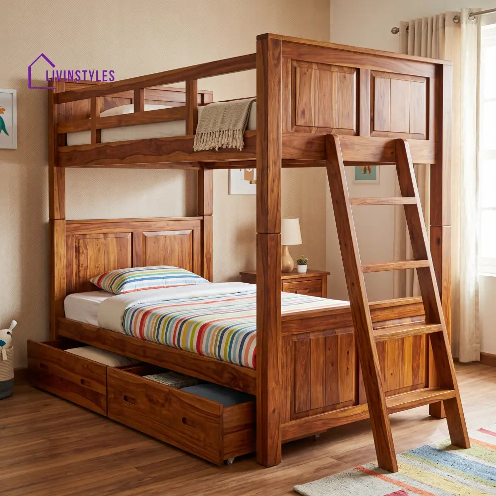Gautham Sheesham Wood Bunk Bed With Storage | Kids Bed