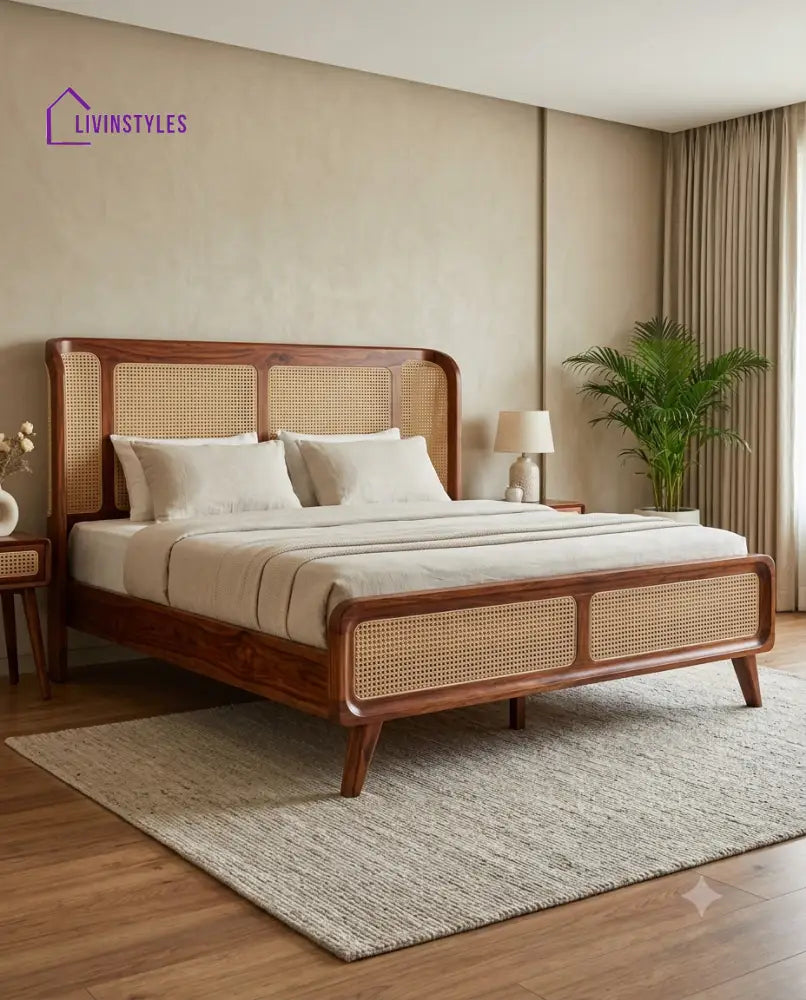 Gautham Wooden Bed with Cane Weaving Headboard Design | Bed without Storage