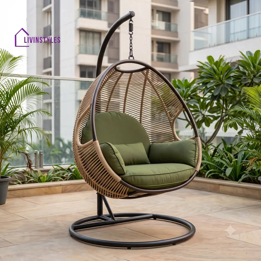 Gautier Single Seater Metal Swing Chair With Stand And Rope Weave Seat