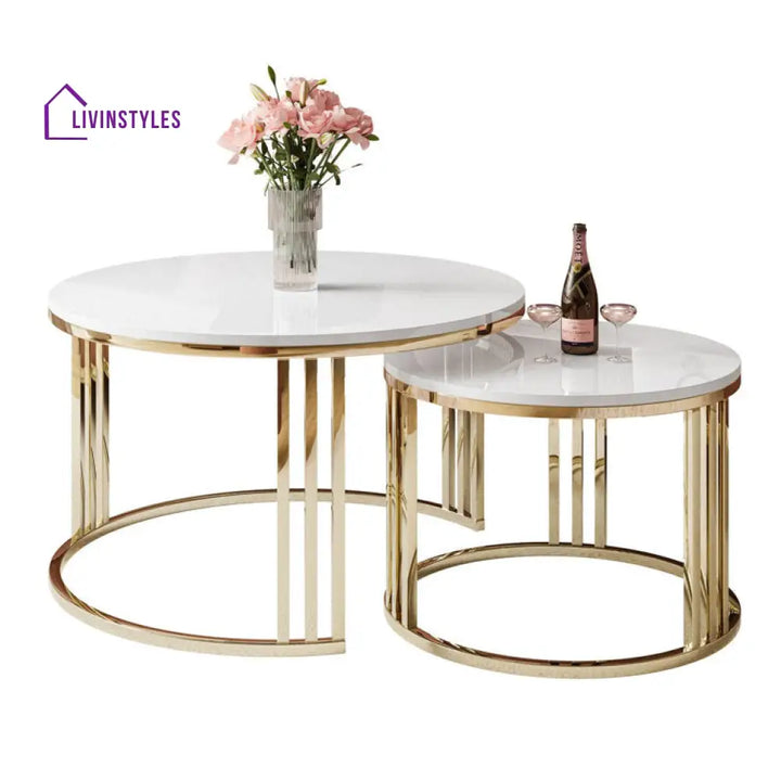 Geeta Stainless Steel Coffee Table For Living Room - White Marble