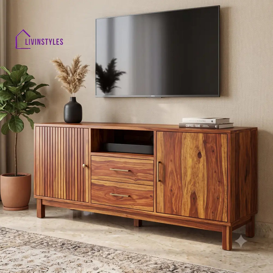 Geetha Sheesham Wood TV Unit With Storage For Living Room Console