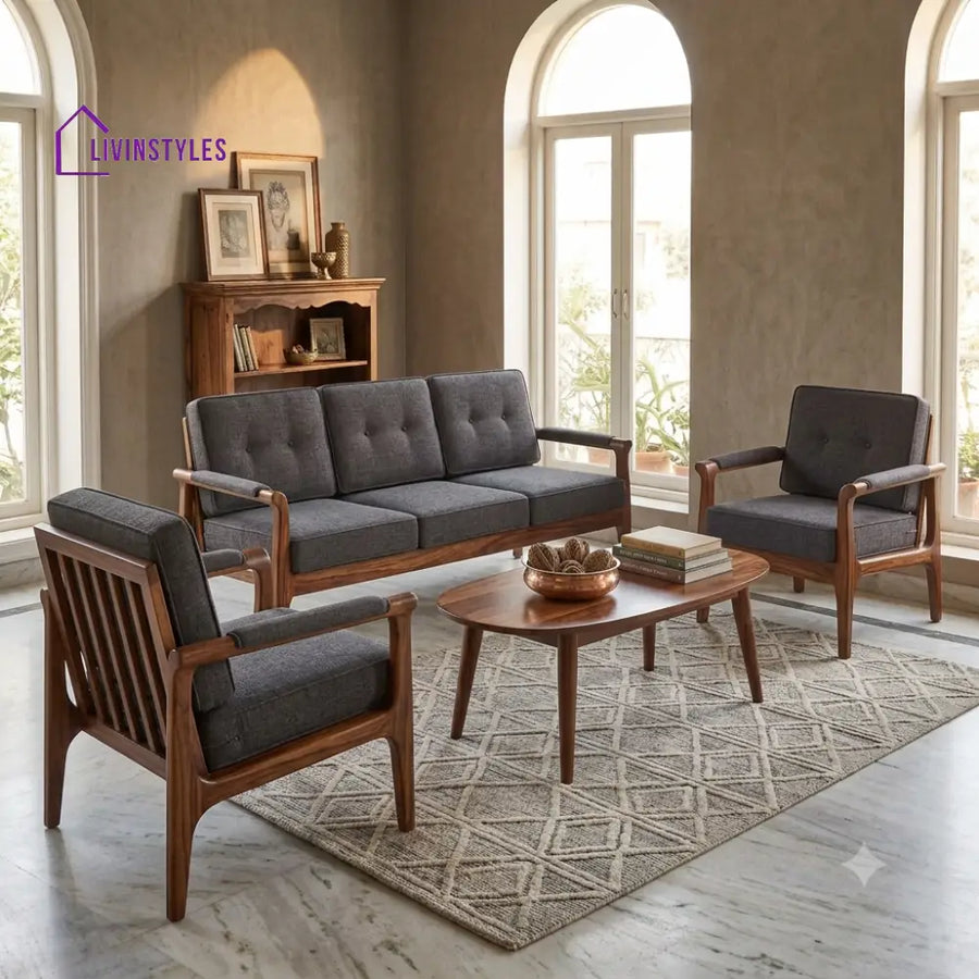 Geetha Wooden Sofa Set | 3 + 1 + 1 Sheesham Wood Sofa Set for Living Room