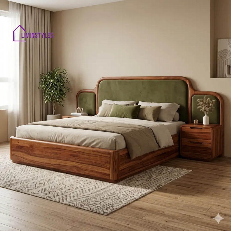 Geetika Premium Sheesham Wood Bed with Velvet Headboard