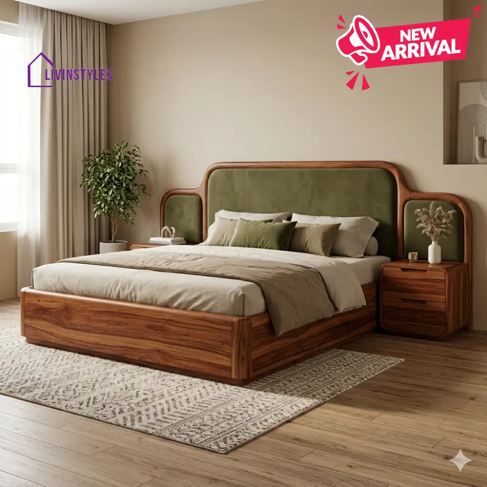 Geetika Premium Sheesham Wood Bed with Velvet Headboard