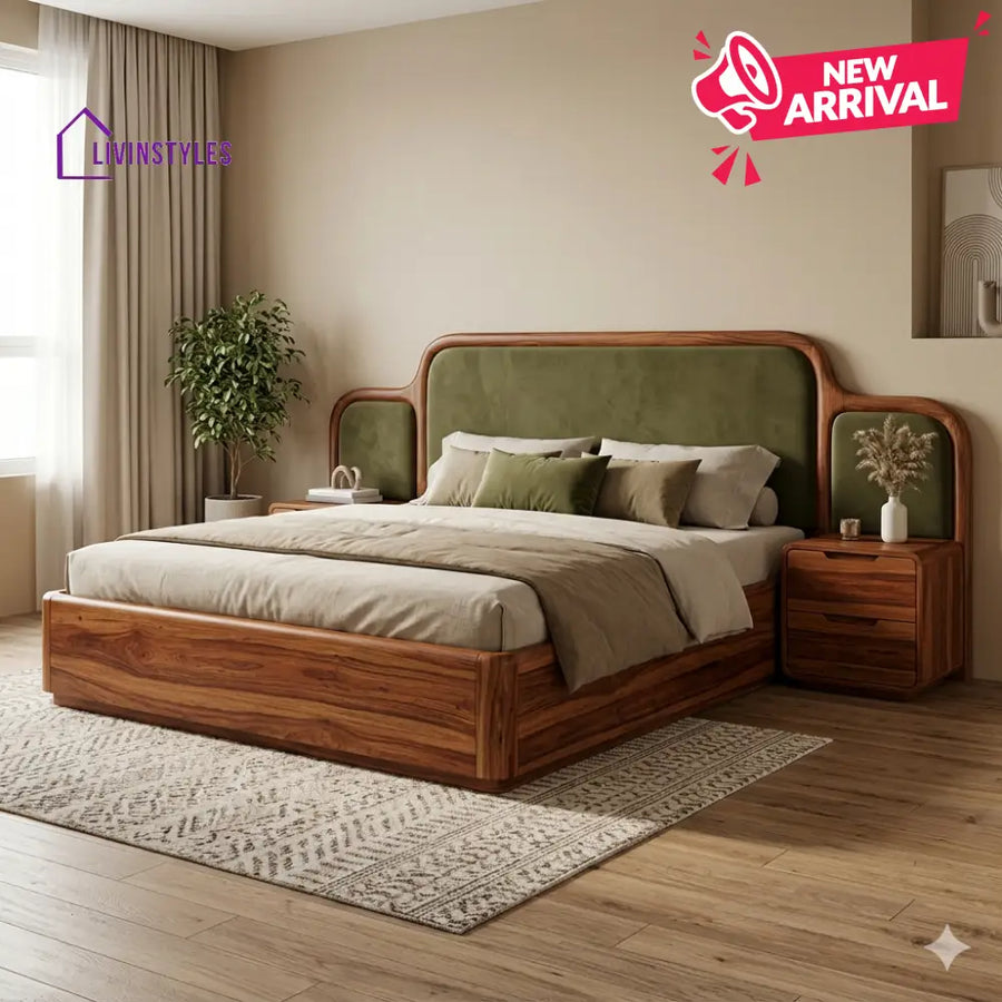 Geetika Premium Sheesham Wood Bed with Velvet Headboard