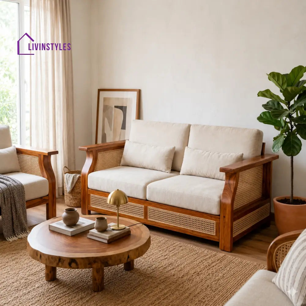 Geetika Sheesham Wood and Cane Sofa for Living Room