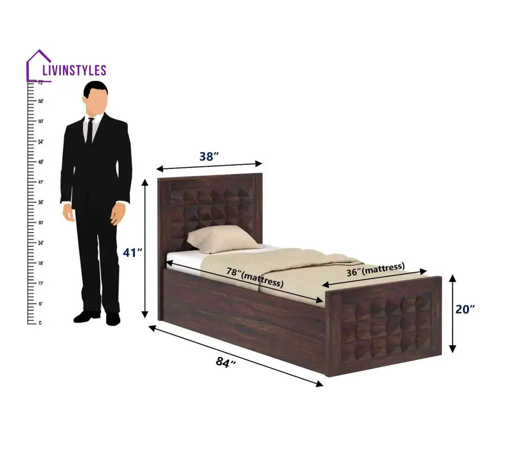 Genoveva Solid Sheesham Wood Single Bed With Box Storage (Walnut Finish) Bed