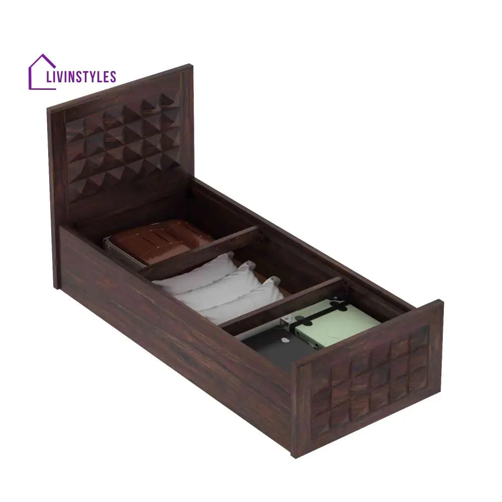 Genoveva Solid Sheesham Wood Single Bed With Box Storage (Walnut Finish) Bed