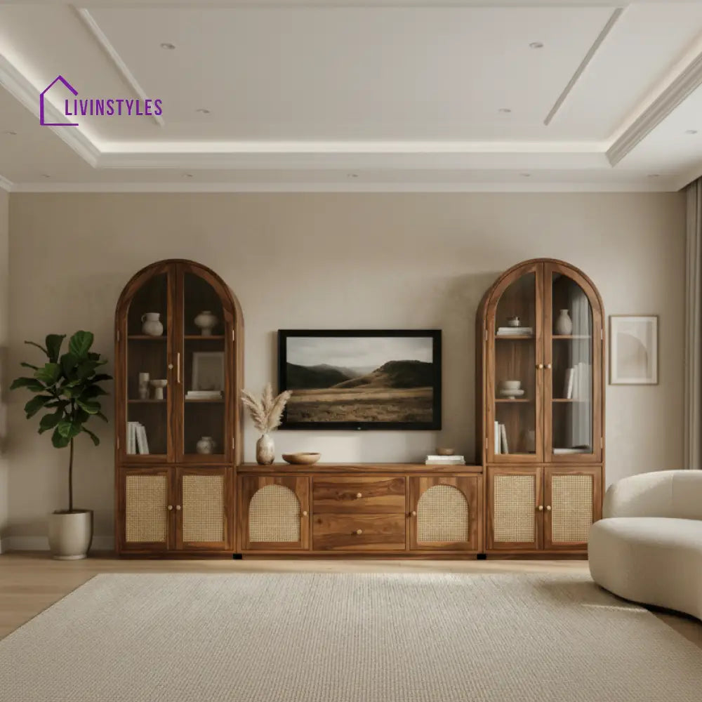 George Premium Solid Wood TV Unit with Cane Panel Cabinet