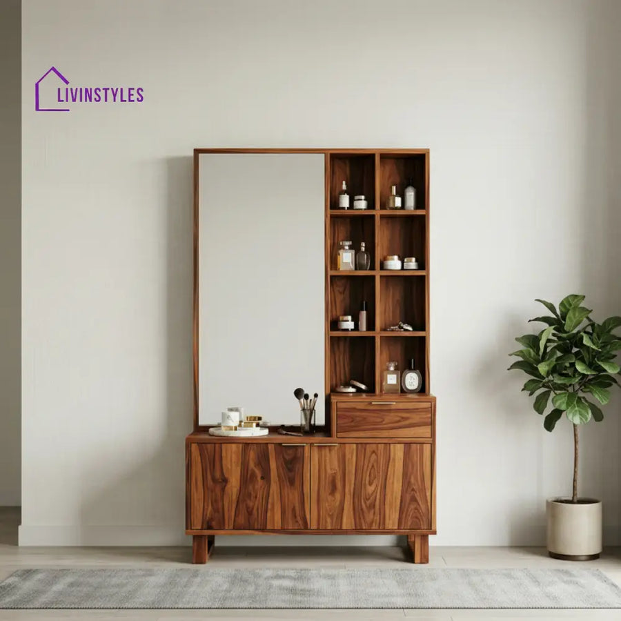 George Sheesham Wood Dressing Table with Mirror and Storage (Honey Finish)
