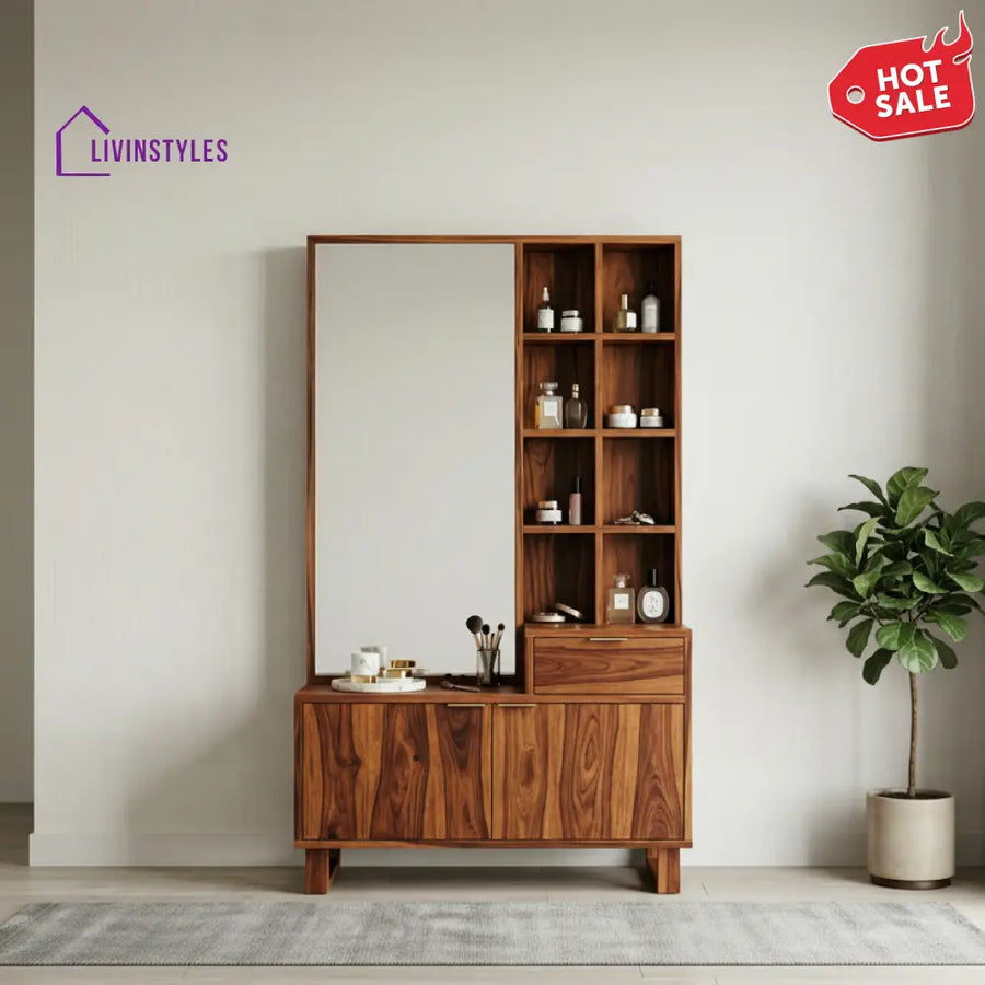 George Sheesham Wood Dressing Table with Mirror and Storage (Honey Finish)