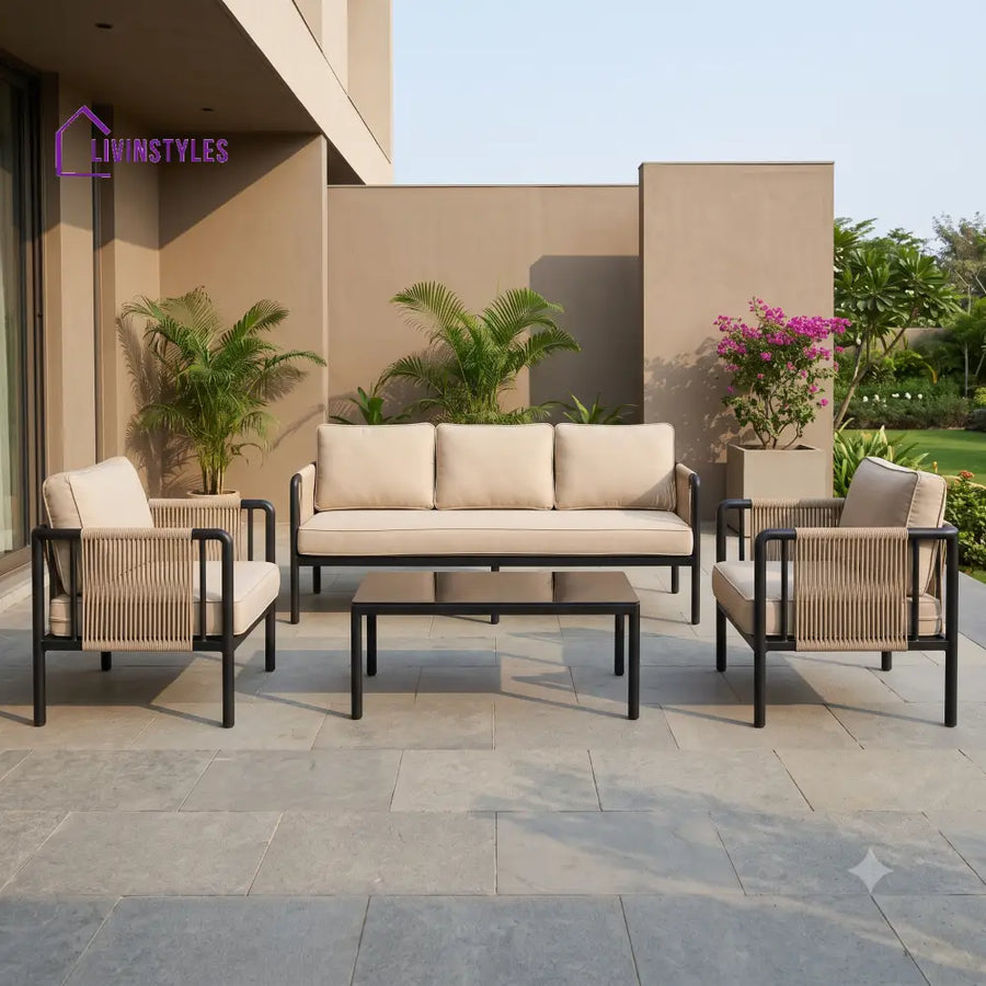 Geraldine Metal Frame and Rope Weaving Outdoor Sofa Set 3 + 1 +1 and Coffee Table | Premium Uphostery