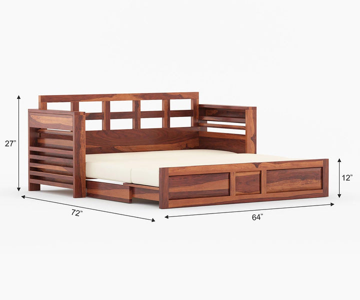 Artem Solid Wood Sheesham Sofa Cum Bed | Solid Wood Sofa Come Bed (Honey Finish)