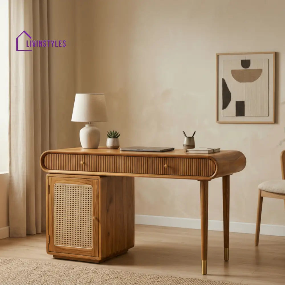 Gia Modern Designer Sheesham Wood Study Table with Cane Accents & Drawer Storage