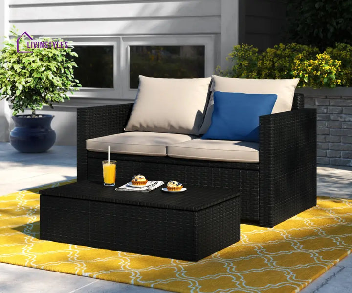 Girolamo Outdoor Sofa Set 2 Seater and 1 Center Table (Black + Beige) - Sofa Sets