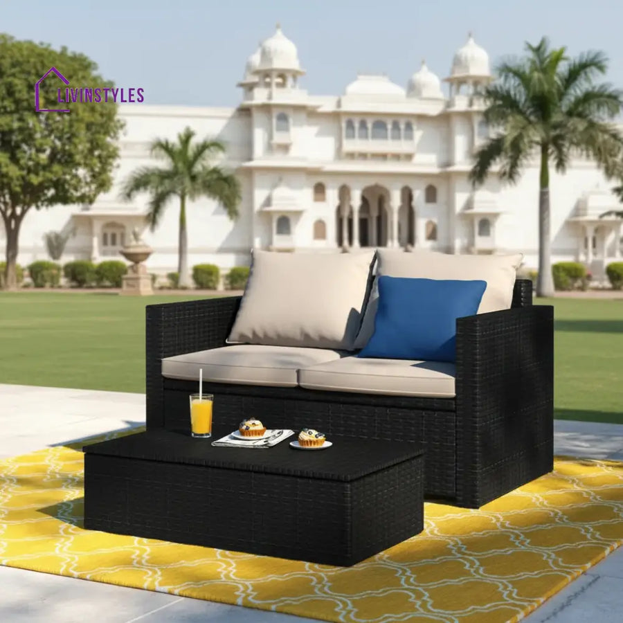 Girolamo Outdoor Sofa Set 2 Seater and 1 Center Table (Black + Beige) - Sofa Sets