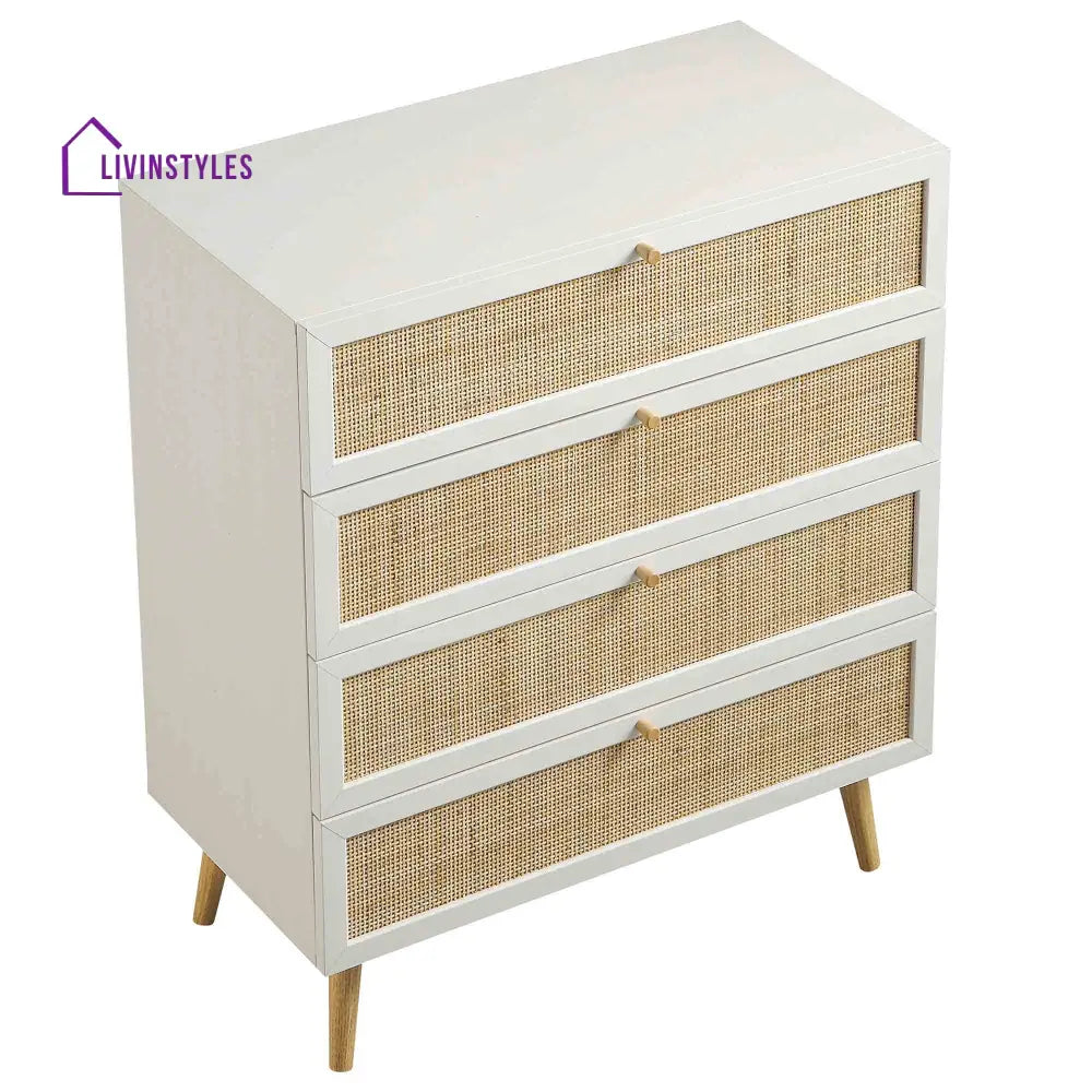 Frances Woven Rattan Tall Chest of 4 Drawers White Chest of Drawers