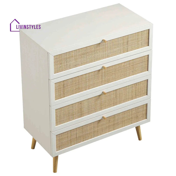 Frances Woven Rattan Tall Chest of 4 Drawers White Chest of Drawers