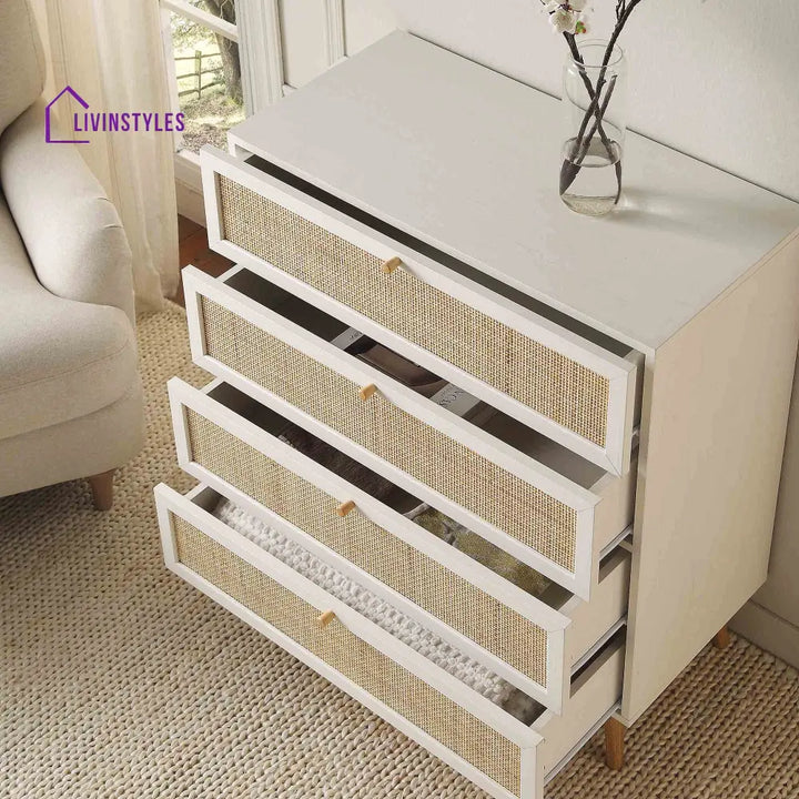 Frances Woven Rattan Tall Chest of 4 Drawers White Chest of Drawers