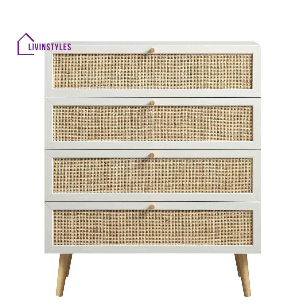 Frances Woven Rattan Tall Chest of 4 Drawers White Chest of Drawers
