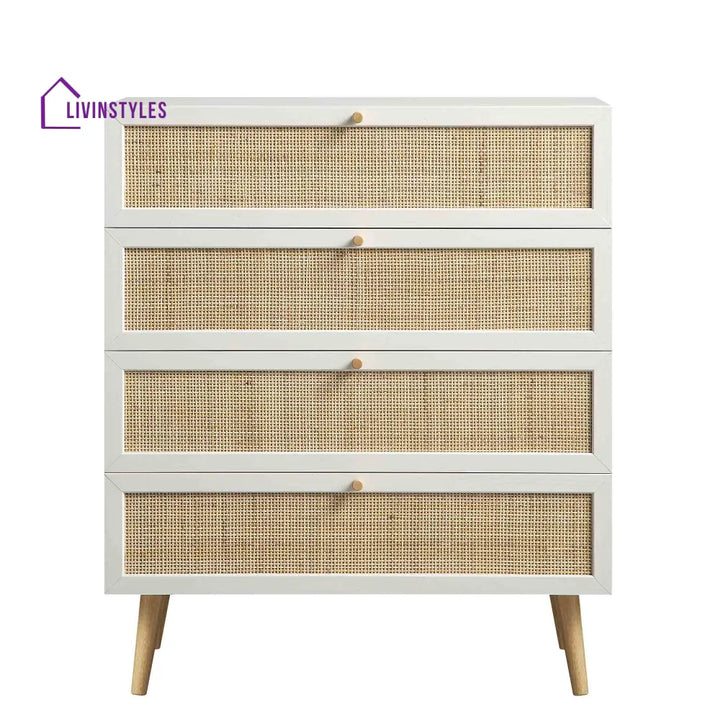 Frances Woven Rattan Tall Chest of 4 Drawers White Chest of Drawers