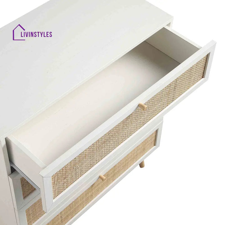 Frances Woven Rattan Tall Chest of 4 Drawers White Chest of Drawers
